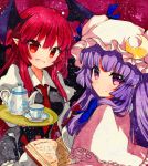  2girls :d bat_wings black_skirt black_vest blush book bookmark bow breasts collared_shirt commentary_request crescent crescent_moon_pin cup dress_shirt eyebrows_visible_through_hair eyelashes fang hair_between_eyes hat hat_bow head_wings holding holding_book juliet_sleeves koakuma light_particles long_hair long_sleeves looking_at_viewer looking_back medium_breasts mob_cap multiple_girls necktie open_book open_mouth patchouli_knowledge pentagram pink_capelet puffy_sleeves purple_eyes purple_hair qqqrinkappp red_background red_eyes red_hair red_neckwear saucer shikishi shirt sidelocks simple_background skin_fang skirt skirt_set slit_pupils smile teacup teapot touhou traditional_media tray vest white_shirt wings 