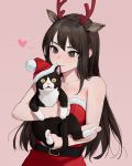  1girl animal_ears bangs bare_shoulders breasts cat cleavage commentary dongho_kang dress fur-trimmed_dress fur_trim hat highres large_breasts long_hair looking_at_viewer open_mouth original red_dress santa_costume santa_dress santa_hat simple_background smile solo 