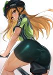  1girl absurdres ass bicycle bicycle_helmet bike_jersey bike_shorts black_shorts blonde_hair eyebrows_visible_through_hair green_eyes ground_vehicle helmet highres komeo15 long_hair looking_at_viewer looking_back original riding riding_bicycle short_sleeves shorts simple_background solo sweat white_background 