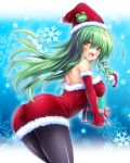  1girl :d ass bangs bare_shoulders black_legwear box breasts commentary_request dress elbow_gloves eyebrows_visible_through_hair eyes_visible_through_hair fur-trimmed_dress fur-trimmed_gloves fur-trimmed_headwear fur_trim gift gift_box gloves green_hair hair_between_eyes hair_ornament hat highres kochiya_sanae large_breasts leaning_forward long_hair looking_at_viewer open_mouth osashin_(osada) pantyhose pom_pom_(clothes) red_dress red_gloves santa_dress santa_hat smile snake_hair_ornament snowflakes solo strapless touhou yellow_eyes 