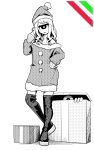  1girl 1other bare_shoulders blonde_hair boots box christmas commentary_request crossed_legs cyclops dithering full_body gift gift_box greyscale halftone hand_on_hip hat head_tilt hiding long_hair looking_at_viewer monochrome one-eyed platform_boots santa_costume santa_hat simple_background spot_color standing thigh_boots thighhighs white_background yakochu 