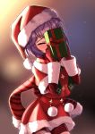  1girl absurdres bernadetta_von_varley bike_shorts blush christmas closed_eyes commentary_request covering_face eyebrows_visible_through_hair fire_emblem fire_emblem:_three_houses gift grey_eyes gupunetsu hat highres pom_pom_(clothes) purple_hair santa_costume santa_dress santa_hat scarf short_hair solo twitter_username 