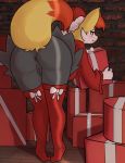  anthro anus bent_over bottomless braixen butt christmas christmas_clothing clothed clothing dunewulff female genitals gift grin hi_res holidays legwear looking_back nintendo pok&eacute;mon pok&eacute;mon_(species) pussy smile solo stockings video_games 