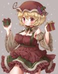  1girl aki_minoriko arinu bangs blonde_hair box breasts brown_eyes choker christmas cleavage closed_mouth cowboy_shot detached_sleeves dress eyebrows_visible_through_hair food fruit gift gift_box grapes green_ribbon grey_background hair_between_eyes hat_ornament highres holding holding_gift holly large_breasts looking_at_viewer red_dress red_headwear ribbon ribbon_choker simple_background smile snow snowflakes snowing solo standing suspenders touhou wide_sleeves 