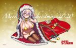  1girl bikini blush breasts capelet christmas cleavage fishnet_legwear fishnets fur_trim highres hood hood_up large_breasts looking_at_viewer mascot micro_bikini navel nitroplus official_art pink_eyes pink_hair red_capelet red_eyes shiny shiny_hair shiny_skin sitting solo super_sonico swimsuit thighhighs tsuji_santa yellow_bikini 