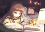  1girl bed blanket book bra_strap brown_eyes brown_hair commentary_request curtains desk_lamp eyebrows_visible_through_hair floral_print hair_down hair_over_shoulder healin&#039;_good_precure highres hiramitsu_hinata indoors lamp long_hair looking_at_another lower_teeth lying nyatoran_(precure) on_stomach open_book open_mouth pajamas photo_(object) photo_album pillow pointing polka_dot_pillow precure rony round_teeth shared_blanket smile teeth under_covers yellow_pajamas 