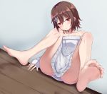  1girl :o ass barefoot blush brown_hair collarbone dutch_angle eyebrows_visible_through_hair feet flat_chest foot_focus hair_between_eyes hair_ornament head_tilt highres iberiko_(soinesitai) jitome knees_up off-shoulder_sweater off_shoulder original red_eyes short_hair sitting soles solo star_(symbol) star_hair_ornament sweater toes wall white_sweater wooden_floor 