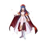  1girl absurdres alternate_costume azutarou bangs blue_eyes blue_hair book boots bracelet breasts cape commentary_request dress elbow_gloves fire_emblem fire_emblem:_the_binding_blade fire_emblem_heroes full_body gloves hat highres holding holding_book jewelry knee_boots lilina_(fire_emblem) long_hair looking_at_viewer medium_breasts official_art open_mouth pantyhose pelvic_curtain red_cape shiny shiny_clothes shiny_hair simple_background skirt smile solo standing white_background white_dress white_footwear white_gloves 