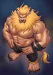  2020 abs absurd_res adios anthro belt biceps bodily_fluids bottomwear clothed clothing digimon digimon_(species) digital_media_(artwork) felid fur hi_res leomon male mammal muscular muscular_anthro muscular_male nipples pecs piercing simple_background solo 