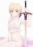  1girl ahoge artoria_pendragon_(all) bare_shoulders between_legs blonde_hair blue_ribbon breasts cleavage collarbone commentary_request elbow_gloves excalibur eyebrows_visible_through_hair fate/stay_night fate_(series) gloves green_eyes hair_ribbon highres holding holding_sword holding_weapon lingerie looking_at_viewer medium_breasts navel panties ribbon saber short_hair simple_background sitting solo suzuakks sword thighhighs underwear weapon 
