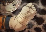  5_toes abstract_background anthro black_bottomwear black_clothing bodily_fluids bottomwear brown_eyes canid canine canis clothing feet foot_shot foot_wraps horkeukamui humanoid_feet male mammal multiple_images solo sweat sweaty_feet tan_(artist) toes tokyo_afterschool_summoners video_games wolf wraps wrinkled_feet 