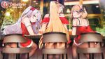  3girls alcohol antenna_hair azur_lane bar bare_shoulders beer beer_mug bismarck_(azur_lane) black_choker black_headwear black_panties blonde_hair blush bow breasts brown_legwear chair choker closed_mouth commentary_request copyright_name counter cross cross_earrings cup dress earrings feet_out_of_frame fur-trimmed_dress fur_trim gloves hair_bow hand_on_own_cheek hand_on_own_face hat indoors jewelry katsurai_yoshiaki large_breasts leaning_forward long_hair looking_back mug multicolored_hair multiple_girls off-shoulder_dress off_shoulder official_art on_chair orange_eyes panties panties_under_pantyhose pantyhose pantyshot peaked_cap prinz_eugen_(azur_lane) red_bow red_dress red_gloves red_hair roon_(azur_lane) santa_dress short_dress short_hair shoulder_blades silver_hair sitting sleeveless sleeveless_dress smile streaked_hair two-tone_hair two_side_up underwear upskirt very_long_hair 