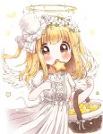  1girl :o angel_wings basket blonde_hair bow brown_eyes cookie dress eyebrows_visible_through_hair feathered_wings flower food halo hat head_wreath highres lace mini_hat mini_top_hat neko_satou open_mouth original puffy_short_sleeves puffy_sleeves ribbon short_sleeves short_twintails solo star-shaped_food star_(symbol) top_hat twintails white_background white_bow white_dress white_flower white_headwear white_ribbon white_wings wings 