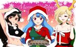  3girls absurdres animal_ears apron belt black_capelet black_hair black_headwear black_santa_costume black_tail black_wings blonde_hair blue_hair blush bow candy candy_cane capelet chisel collarbone cookie dragon_girl dragon_horns dragon_tail dress earrings english_text feathered_wings food green_apron hand_on_headwear haniwa_(statue) haniyasushin_keiki happy hat highres horns horse_ears horse_tail jewelry kaisenpurin kicchou_yachie kurokoma_saki long_hair magatama magatama_necklace merry_christmas midriff midriff_peek mittens multiple_girls navel off_shoulder open_mouth pegasus_wings purple_eyes red_dress red_eyes red_headwear red_shirt red_skirt santa_costume santa_hat shirt short_hair single_strap skirt tail touhou tray turtle_shell upper_body white_bow wily_beast_and_weakest_creature wings 