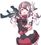  1girl :3 :d absurdres bad_id bad_twitter_id black_skirt black_vest blush bow bowtie breasts brown_hair bubble_skirt copyright_request cowboy_shot fang gloves gun hand_up highres holding holding_gun holding_weapon inukaze_yamu long_hair looking_at_viewer medium_breasts open_mouth puffy_short_sleeves puffy_sleeves red_bow red_eyes red_neckwear rifle shirt short_sleeves simple_background skirt smile solo standing v vest weapon white_background white_gloves white_shirt 