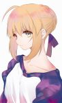  1girl absurdres ahoge artoria_pendragon_(all) bangs blonde_hair blue_ribbon blush braid closed_mouth collarbone commentary_request fate/stay_night fate_(series) green_eyes hair_between_eyes hair_ribbon highres long_sleeves portrait raglan_sleeves ribbon saber short_hair sidelocks solo suzuakks upper_body white_background 