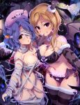  2girls anko222g bandage_over_one_eye bandages bare_shoulders bat_ornament bat_wings bikini blue_hair breasts brown_eyes cleavage commentary_request cosplay earrings elbow_gloves fur-trimmed_gloves fur-trimmed_legwear fur_trim gloves halloween_costume hat head_wings heart heart_earrings highres idolmaster idolmaster_million_live! idolmaster_million_live!_theater_days jewelry large_breasts large_syringe licking_lips long_hair looking_at_viewer momose_rio multiple_girls mummy_costume naked_bandage navel nurse_cap oversized_object panties pubic_tattoo purple_eyes short_hair silk skull_necklace spider_web strapless strapless_bikini string_panties striped striped_legwear swimsuit syringe tattoo thighhighs tongue tongue_out toyokawa_fuuka underwear vampire_costume wavy_hair wings yellow_eyes 