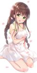  1girl :d amedamacon arm_under_breasts bangs bare_arms bare_shoulders barefoot blush braid breasts brown_hair commentary_request dress eyebrows_visible_through_hair gochuumon_wa_usagi_desu_ka? green_eyes highres large_breasts long_hair open_mouth petals simple_background sitting sleeveless sleeveless_dress smile solo twin_braids twintails ujimatsu_chiya very_long_hair wariza white_background white_dress 
