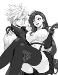  1boy 1girl artist_name blonde_hair blue_eyes breasts carrying cloud_strife final_fantasy final_fantasy_vii final_fantasy_vii_remake gloves happy highres holding holding_another large_breasts light_blush long_hair looking_away midriff one_eye_closed princess_carry red_eyes shy signature skirt spiked_hair sports_bra spykeee1945 tank_top thighhighs tied_hair tifa_lockhart uniform white_background 