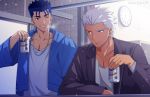  2boys akujiki59 archer bangs beer_can blue_hair blue_jacket can clock collarbone commentary_request cu_chulainn_(fate)_(all) dark_skin dark_skinned_male earrings fate/stay_night fate_(series) grin hand_up holding holding_can jacket jewelry lancer male_focus multiple_boys necklace one_eye_closed ponytail red_eyes shirt short_hair sitting smile tile_wall tiles upper_body white_hair white_shirt 