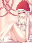  1girl :d akira_(been0328) ass babydoll bangs bare_arms bare_shoulders blush breasts christmas collarbone commentary_request eyebrows_visible_through_hair fate/kaleid_liner_prisma_illya fate_(series) feet_out_of_frame fur-trimmed_headwear hair_between_eyes hat high_heels illyasviel_von_einzbern knees_up light_brown_hair long_hair open_mouth panties red_eyes red_headwear santa_hat sitting small_breasts smile solo underwear underwear_only upper_teeth very_long_hair white_footwear white_panties 