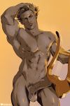  1boy abs apollo_(mythology) armpit_hair armpits bara body_hair brown_hair completely_nude cowboy_shot dark_skin dark_skinned_male dizdoodz erection gradient gradient_background greek_mythology hand_in_hair hand_on_own_head harp highres instrument looking_at_viewer male_focus male_pubic_hair muscular muscular_male navel nipples nude pectorals penis pubic_hair short_hair solo thick_thighs thighs uncensored veins veiny_penis 