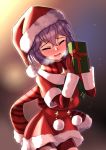  1girl absurdres bernadetta_von_varley bike_shorts blush breath christmas closed_eyes commentary_request eyebrows_visible_through_hair fire_emblem fire_emblem:_three_houses gift grey_eyes gupunetsu hat highres open_mouth pom_pom_(clothes) purple_hair santa_costume santa_dress santa_hat scarf short_hair solo twitter_username 