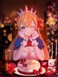  1girl absurdres ahoge bangs blue_eyes blurry blurry_background blush bottle braid breasts cake candle candlelight christmas cleavage closed_mouth commentary flower food fruit gift gloves hair_ribbon highres indoors large_breasts long_hair looking_at_viewer merry_christmas one_eye_closed orange_hair pani_(wpgns9536) pecorine_(princess_connect!) princess_connect! princess_connect!_re:dive puffy_short_sleeves puffy_sleeves ribbon rose short_sleeves sitting smile solo strawberry tiara white_gloves 