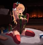  1girl arm_up armpits bangs bare_shoulders bell blonde_hair blue_eyes boku_wa_tomodachi_ga_sukunai bow box breasts butterfly_hair_ornament cait_aron carpet christmas commentary couch elbow_gloves english_commentary fire fireplace full_body fur-trimmed_gloves fur_trim gift gift_box gloves green_ribbon hair_bell hair_bow hair_ornament highres indoors jingle_bell kashiwazaki_sena large_breasts long_hair looking_at_viewer pillow ponytail red_bow red_gloves red_legwear ribbon sitting solo thighhighs wariza 
