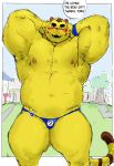  2020 animal_crossing anthro barazoku big_muscles blush border bulge clothing dialogue english_text eyebrows felid hands_behind_head hi_res looking_at_viewer male mammal musclegut muscular muscular_anthro muscular_male navel nintendo nipples number one_eye_closed outside pantherine simple_background solo speedo standing stripes swimwear talking_to_viewer text thick_eyebrows thick_thighs tiger tora_gy tybalt_(animal_crossing) video_games white_border wink yellow_body 