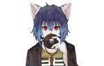  2020 anthro black_nose blue_hair blue_stripes brown_coat clothed clothing coat dessert domestic_cat doughnut felid feline felis fermata_suzuka food fur hair hi_res holding_food holding_object io_ninose jewelry kemono looking_at_viewer male mammal necklace open_clothing open_coat open_topwear pattern_clothing pattern_shirt pattern_topwear red_eyes shirt simple_background solo stripes topwear vtuber white_background white_body white_fur 