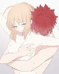  1boy 1girl ahoge artoria_pendragon_(all) bangs blonde_hair blush braid breasts collarbone commentary_request couple crying crying_with_eyes_open embarrassed emiya_shirou eyebrows_visible_through_hair fate/stay_night fate_(series) french_braid green_eyes grey_background hetero highres hug hug_from_behind nude open_mouth orange_hair red_hair saber short_hair sidelocks simple_background small_breasts suzuakks sweat tears upper_body 