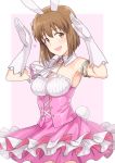  1girl :d animal_ears arm_garter armlet arms_up ascot bangs blush bob_cut border breasts brown_eyes brown_hair bunny_ears bunny_pose bunny_tail buttons collarbone commentary_request cross-laced_clothes detached_collar detached_sleeves dress elbow_gloves eyebrows_visible_through_hair fake_animal_ears fake_tail frilled_dress frills gloves hagiwara_yukiho hair_ribbon heart highres idolmaster idolmaster_(classic) looking_at_viewer medium_breasts open_mouth outside_border pink_background pink_dress ribbon short_hair short_sleeves single_bare_shoulder single_detached_sleeve smile solo standing strapless strapless_dress tail tsurui white_border white_gloves white_neckwear white_ribbon 