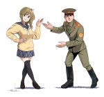  1boy 1girl black_footwear black_legwear black_sailor_collar blonde_hair boots closed_mouth crossed_legs dated fang green_jacket green_neckwear green_pants grey_skirt hand_on_hip hat horikou inuyama_aoi jacket long_sleeves looking_at_viewer military military_jacket military_uniform pants peaked_cap pleated_skirt real_life sailor_collar school_uniform serafuku signature simple_background skin_fang skirt smile soldier soviet soviet_army standing sweater thighhighs uniform white_background yellow_sweater yurucamp 