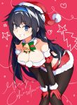  1girl bell bell_collar bent_over black_hair blue_eyes breasts collar detached_sleeves eyebrows_visible_through_hair girls_frontline gloves hair_between_eyes hairband hand_on_thigh hat highres large_breasts long_hair mole mole_under_eye open_mouth santa_costume santa_hat simple_background smile solo super_sass_(girls_frontline) vanna very_long_hair 