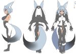  1girl :3 absurdres animal_ears arms_at_sides ass belt belt_collar black_belt black_capelet black_footwear black_gloves black_pants blue_eyes blue_hair breasts breasts_apart capelet collar fox_ears fox_tail gloves gradient_tail highres inukaze_yamu large_breasts looking_at_viewer medium_hair multiple_views open_pants original pants pigeon-toed simple_background smile standing tail thigh_gap veil white_background 