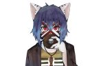 2020 anthro black_nose blue_hair blue_stripes bodypaint brown_coat clothed clothing coat dessert domestic_cat doughnut face_paint felid feline felis fermata_suzuka food fur hair hi_res holding_food holding_object io_ninose jewelry kemono looking_at_viewer male mammal necklace open_clothing open_coat open_topwear pattern_clothing pattern_shirt pattern_topwear red_eyes shirt simple_background solo stripes topwear vtuber white_background white_body white_fur 