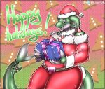  anthro belt big_breasts breasts cetacean christmas christmas_clothing christmas_headwear cleavage clothed clothing delphinoid dialogue digital_media_(artwork) dragon ear_piercing ear_ring female green_body hat headgear headwear helin_(spindaspinda) holidays huge_thighs hybrid looking_at_viewer mammal marine mature_female mistletoe oceanic_dolphin open_mouth ornament piercing plant reptile santa_hat scales scalie slightly_chubby smile solo text thick_thighs toothed_whale wingedwilly 