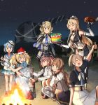 6+girls ^_^ ^o^ annin_musou atlanta_(kantai_collection) belt black_belt black_headwear black_skirt blonde_hair blue_eyes blue_hair blue_neckwear blue_sailor_collar blue_skirt blush bottle breast_pocket breasts brown_eyes brown_hair buttons cake campfire capelet chair christmas cleavage closed_eyes closed_mouth collared_shirt colorado_(kantai_collection) dixie_cup_hat double_bun earrings elbow_gloves eyebrows_visible_through_hair fang food front-tie_top gambier_bay_(kantai_collection) garrison_cap gloves green_eyes grey_eyes grey_headwear hair_between_eyes hat headgear helena_(kantai_collection) holding holding_bottle intrepid_(kantai_collection) iowa_(kantai_collection) jewelry juliet_sleeves kantai_collection large_breasts long_hair long_sleeves military military_hat military_uniform multiple_girls neckerchief necktie night night_sky open_mouth pleated_skirt pocket ponytail puffy_sleeves sailor_collar samuel_b._roberts_(kantai_collection) santa_hat school_uniform serafuku shirt short_hair short_sleeves skirt sky smile star_(symbol) star_earrings twintails uniform white_headwear white_neckwear white_shirt 