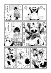  2girls :d afterimage bench border greyscale hat highres leaf leaf_on_head mariachi monochrome multiple_girls nikaidou_kou open_mouth original pinecone sitting skirt smile sombrero squatting sweater tanuki tanuki_(nikaidou_kou) translation_request white_border 