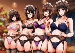  4girls absurdres alternate_costume apron arekishi_raiho ashigara_(kantai_collection) black_bra black_hair black_legwear black_panties blue_bra blue_panties blurry bra braid braided_bun breasts brown_eyes brown_hair christmas_tree commentary_request cowboy_shot depth_of_field enmaided frills garter_belt garter_straps haguro_(kantai_collection) hair_bun hair_ornament highres indoors kantai_collection long_hair looking_at_viewer maid maid_headdress medium_breasts multiple_girls myoukou_(kantai_collection) nachi_(kantai_collection) one_eye_closed panties pink_bra pink_panties purple_bra purple_panties short_hair side_ponytail thighhighs underwear white_apron window 