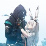  1girl 1other ambiguous_gender animal_ear_fluff animal_ears arknights arm_up black_gloves black_jacket bunny_ears commentary doctor_(arknights) frostnova_(arknights) gloves grey_eyes grey_shirt hair_over_one_eye hairband highres hood hood_up jacket long_hair looking_at_another mask open_clothes open_jacket reclining scar scar_on_face scar_on_nose shirt spoilers white_background white_hair white_jacket xion32 