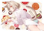  animal_ears asahikawa_hiyori ass blonde_hair cake catgirl food fruit orange_eyes original panties shirt short_hair strawberry striped_panties tail underwear 