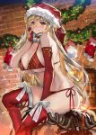  1girl bare_shoulders between_legs bikini blonde_hair breasts christmas cleavage elbow_gloves fur_collar fur_trim gloves grin groin hand_up hat highres large_breasts long_hair looking_at_viewer orange_eyes original ran&#039;ou_(tamago_no_kimi) red_bikini red_gloves red_headwear red_legwear santa_bikini santa_hat side-tie_bikini sitting smile solo stomach string_bikini swimsuit thighhighs thighs very_long_hair 