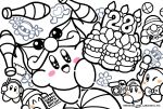  backwards_hat ball balloon_animal baseball_cap beanie blush_stickers boom_microphone bow bowler_hat bowtie cake channel_ppp clown clown_acrobot commentary_request copy_ability food hat headphones heart juggling juggling_club kirby kirby_(series) lineart magolor meta_knight no_humans notepad official_art smile sparkling_eyes spot_color video_camera waddle_dee 