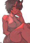  1girl bare_arms bare_shoulders breasts colored_skin dress fingernails grey_hair grey_sweater hand_on_own_cheek hand_on_own_face horns kidouko_(zakusi) large_breasts legs_together looking_at_viewer oni orange_eyes original parted_lips red_oni red_skin short_hair signature simple_background sitting slit_pupils solo sweater sweater_dress symbol_commentary white_background zakusi 