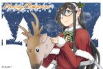  1girl black_hair blue_eyes bow bowtie breasts capelet chiwa_(chiwa0617) fur-trimmed_capelet fur-trimmed_shirt fur_trim green_bow hairband highres kantai_collection long_hair merry_christmas ooyodo_(kantai_collection) red_capelet red_shirt reindeer reindeer_hat semi-rimless_eyewear shirt small_breasts solo striped striped_neckwear twitter_username under-rim_eyewear upper_body white_hairband 
