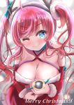  1girl alternate_costume azur_lane blue_eyes blush breasts cleavage collarbone commentary_request headband highres large_breasts looking_at_viewer merry_christmas one_eye_closed red_hair san_diego_(azur_lane) santa_costume smile solo takenaka_takeshi twintails 