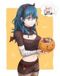  2girls bandaged_arm bandages black_shorts blue_eyes blue_hair breasts byleth_(fire_emblem) byleth_(fire_emblem)_(female) candy cleavage closed_mouth fake_horns fire_emblem fire_emblem:_three_houses food holding horns long_hair lysithea_von_ordelia multiple_girls pink_eyes robaco shorts simple_background solo_focus white_hair 