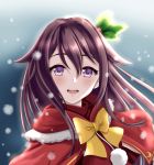  1girl blush brown_hair capelet crescent crescent_moon_pin hair_between_eyes kantai_collection kisaragi_(kantai_collection) long_hair open_mouth pom_pom_(clothes) portrait purple_eyes red_capelet santa_costume smile snowing solo tk8d32 upper_teeth 